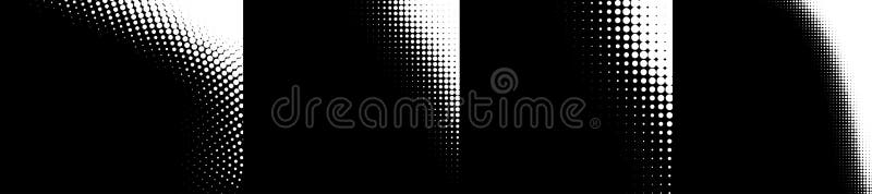 Set of white halftone curve corners. Dot backgrounds. Half tone textures. Gradient dots patterns. Vector illustration. royalty free illustration