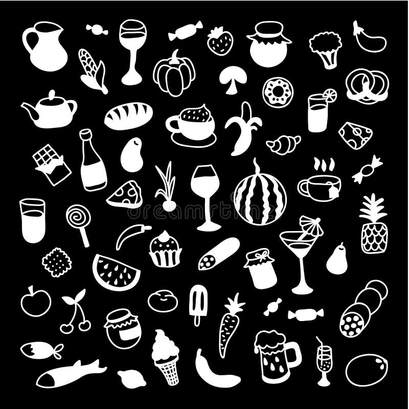 Set of 60 white icons of different types of cookware on black ba stock illustration