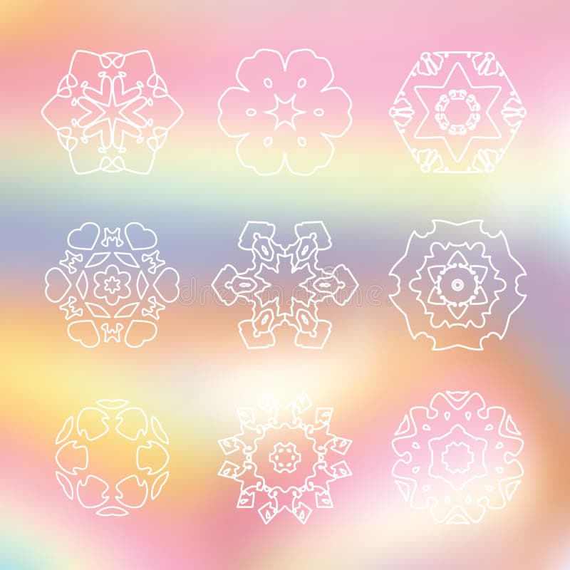Set of 9 white line Hexagon icon on Rainbow abstract blur background vector illustration