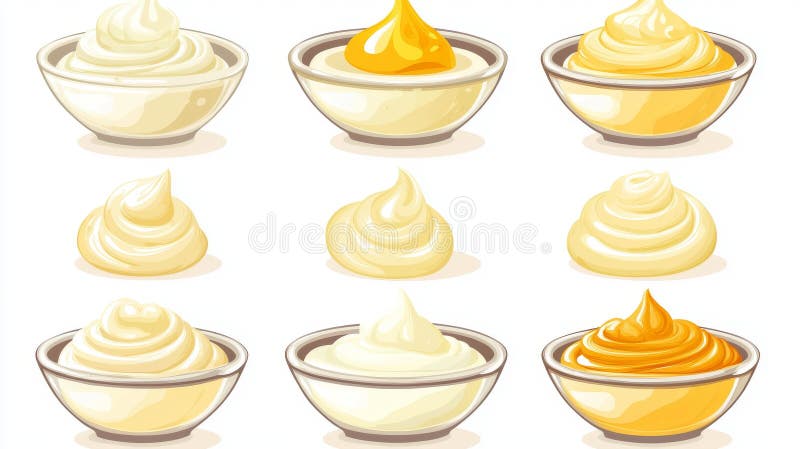 A set of white liquid textures featuring realistic illustrations of condensed milk, mayonnaise, yogurt, and more royalty free stock images