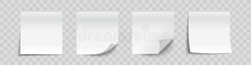 Set of white paper stickers. Adhesive leaflets with curled corners. Square notebook paper sheets. Realistic 3D vector collection vector illustration