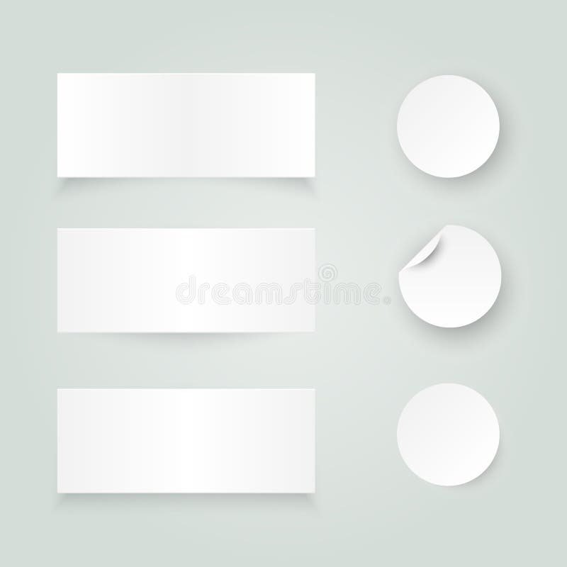 Set of white paper stickers on white background. Round, rectangular vector illustration