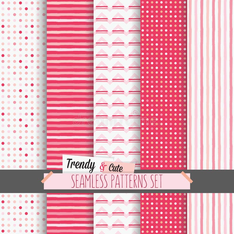 Set of white and pink dotted, stripes and chevron seamless patterns vector illustration
