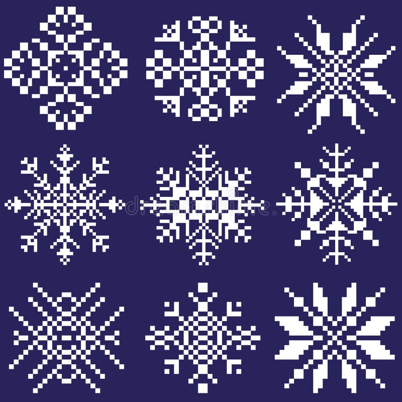 Set of white snowflakes of different shapes on a blue background drawn by squares, pixels. An element of ornament in the design