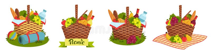 Set of wicker picnic basket full of healthy food. Bottle of wine and water, cheese, baguette, fruits and vegetables. Picnic