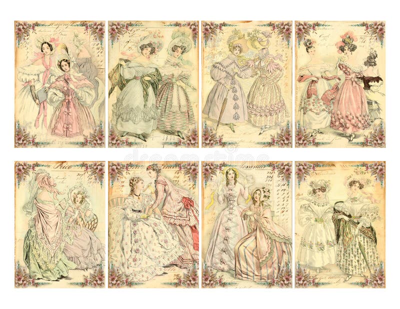 Set 8 Wiktoriańskich er kobiet mody talerza kart ilustracji Set 8 Wiktoriańskich er kobiet mody talerza kart ilustracji