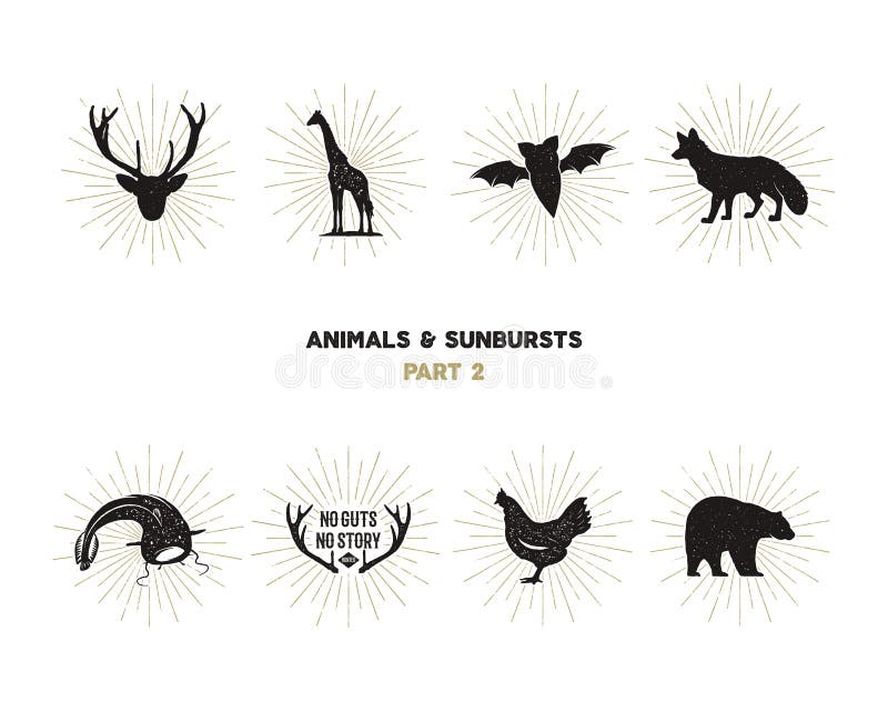 Set of wild animal figures and shapes with sunbursts isolated on white background. Black silhouettes giraffe, chicken vector illustration Set of wild animal figures and shapes with sunbursts isolated on white background. Black silhouettes giraffe, chicken vector illustration