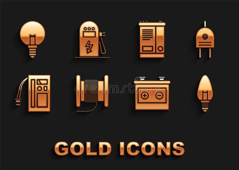 Set Wire Electric Cable on a Reel or Drum, Electric Plug, Light Bulb