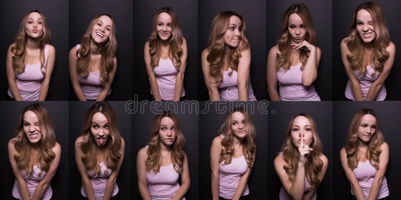 Set wizerunki z emocjonalną blondynki kobietą na czarnym tle zdjęcie stock Set wizerunki z emocjonalną blondynki kobietą na czarnym tle zdjęcie stock