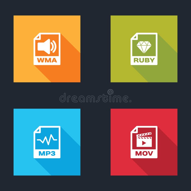 Set WMA file document, RUBY, MP3 and MOV icon. Vector stock illustration
