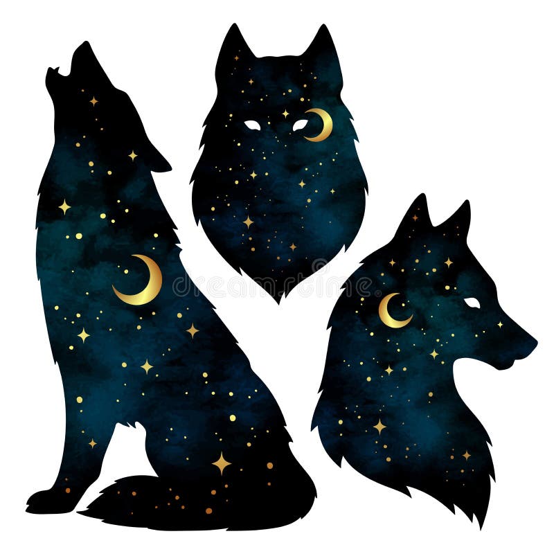 Set de siluete de lupi cu semilună și stele royalty free illustration
