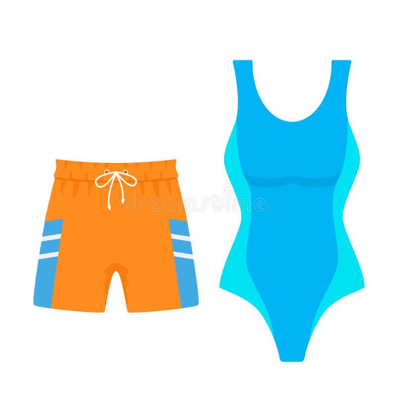 Set of women`s swimsuit and men`s swimming trunks shorts for swimming. vector illustration isolated vector illustration Set of women`s swimsuit and men`s swimming trunks shorts for swimming. vector illustration isolated vector illustration