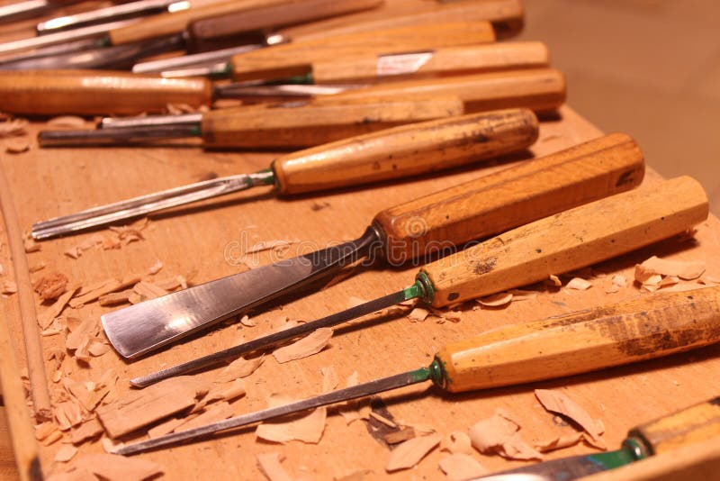 Set Of Wood Carving Tools On Wooden Table Stock Photo 