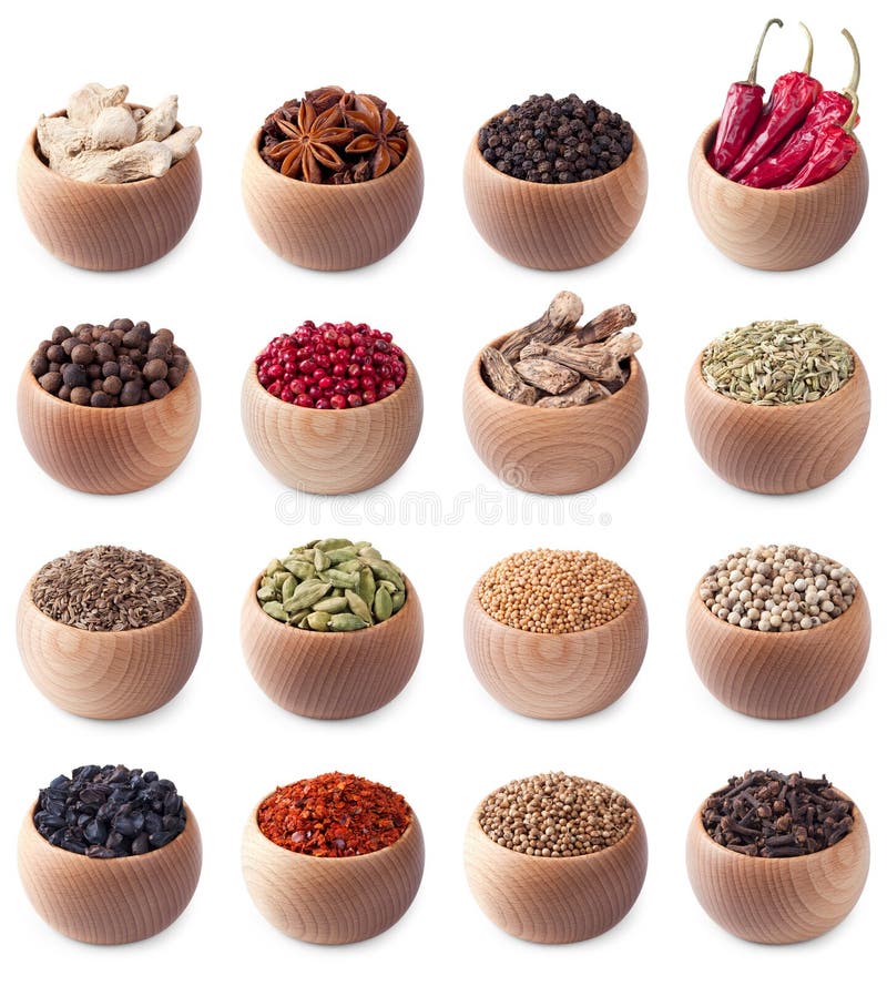 Set of wooden bowls full of different spices on white background