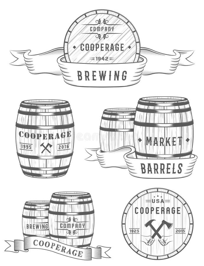 Set Wooden Casks Badges and Cooperage Logo