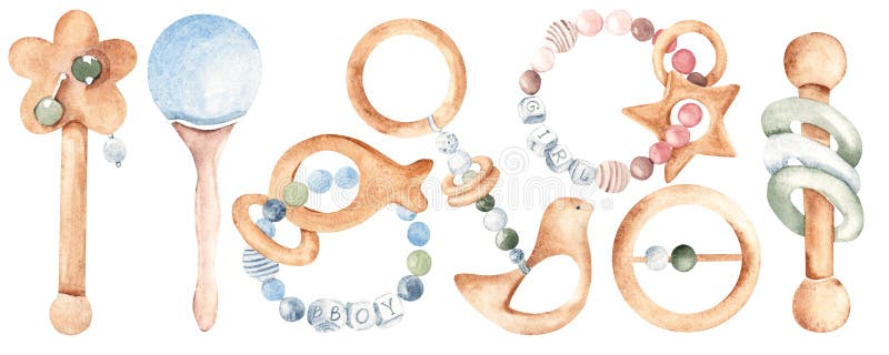 Set of Wooden Eco Baby Rattles and Teethers for Boy and Girl. Watercolor hand drawn illustration in pastel colors isolated on vector illustration
