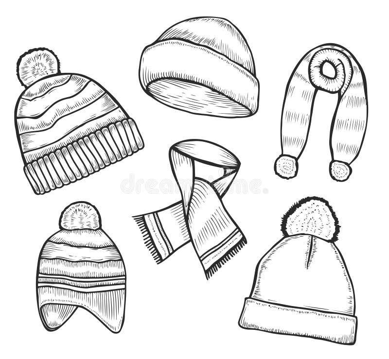 https://thumbs.dreamstime.com/b/set-woolen-winter-clothes-set-woolen-winter-clothes-hats-scarves-sketch-style-vector-illustrations-isolated-white-105625202.jpg