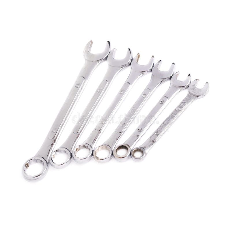 Set of wrenchs metal instruments isolated over white background stock photo