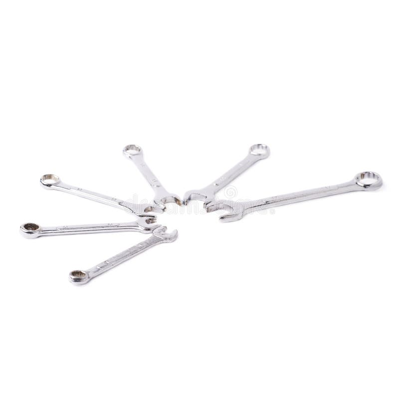 Set of wrenchs metal instruments isolated over white background royalty free stock photo
