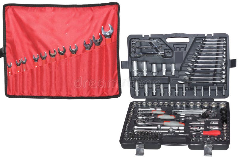 Set of the wrenchs and Set of tools in the box stock photo