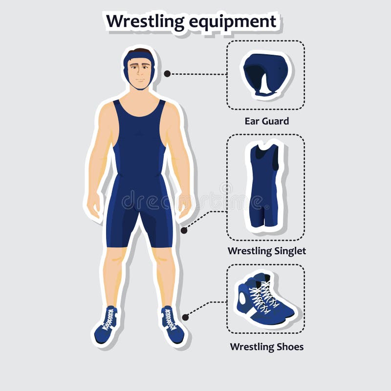 Set of wrestling equipment with man. Singlet, shoes and ear guard.