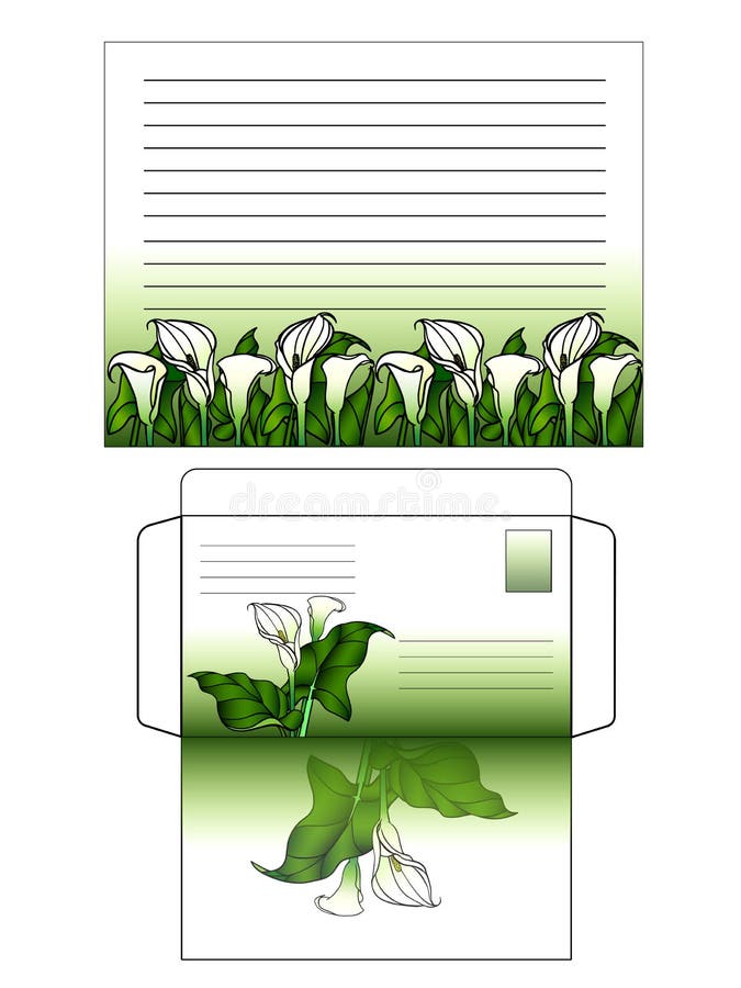 A set for writing a letter. Decorated with flowers horizontal sheet of paper and envelope. Green gradient and calla lilies. Templa
