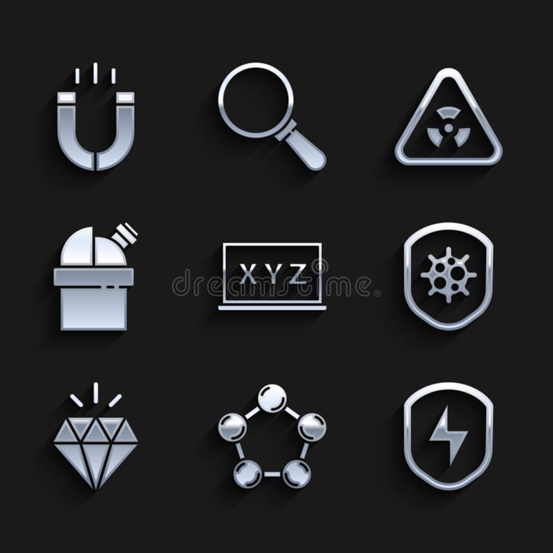 Set XYZ Coordinate system, Molecule, Secure shield with lightning, Shield protecting from virus, Diamond, Astronomical vector illustration