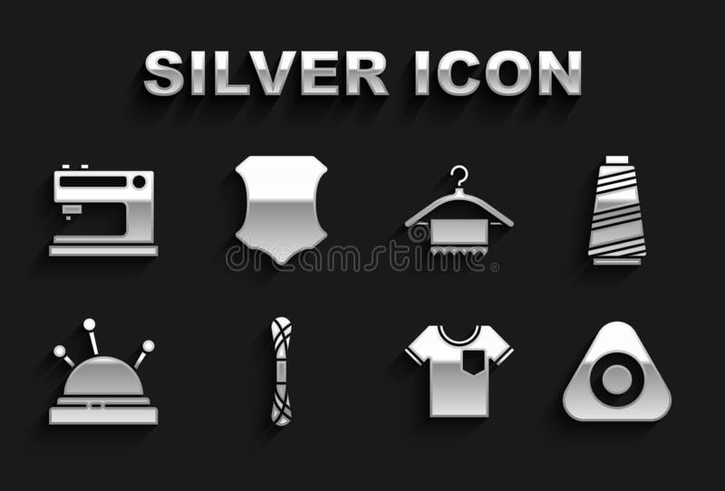 Set Yarn, Sewing thread, chalk, T-shirt, Needle bed and needles, Hanger wardrobe, machine and Leather icon. Vector stock illustration