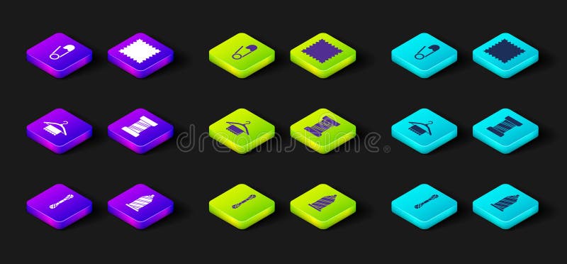 Set Yarn, Sewing thread, Hanger wardrobe, Leather and Safety pin icon. Vector stock illustration