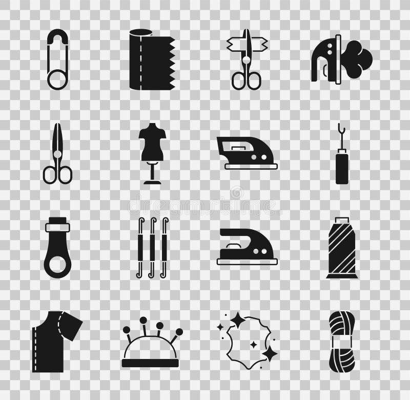 Set Yarn, Sewing thread on spool, Awl tool, Scissors, Mannequin, Safety pin and Electric iron icon. Vector vector illustration