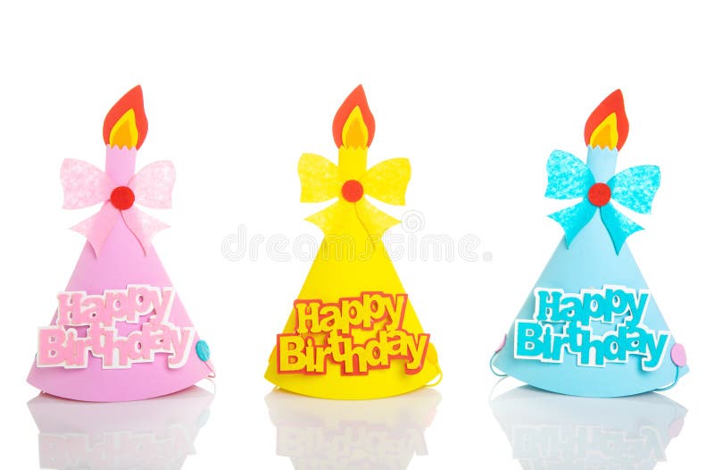 Set of Yellow, Blue and Pink Birthday hat with elements and decorations for party and celebrations isolated in white background royalty free stock photo Set of Yellow, Blue and Pink Birthday hat with elements and decorations for party and celebrations isolated in white background royalty free stock photo