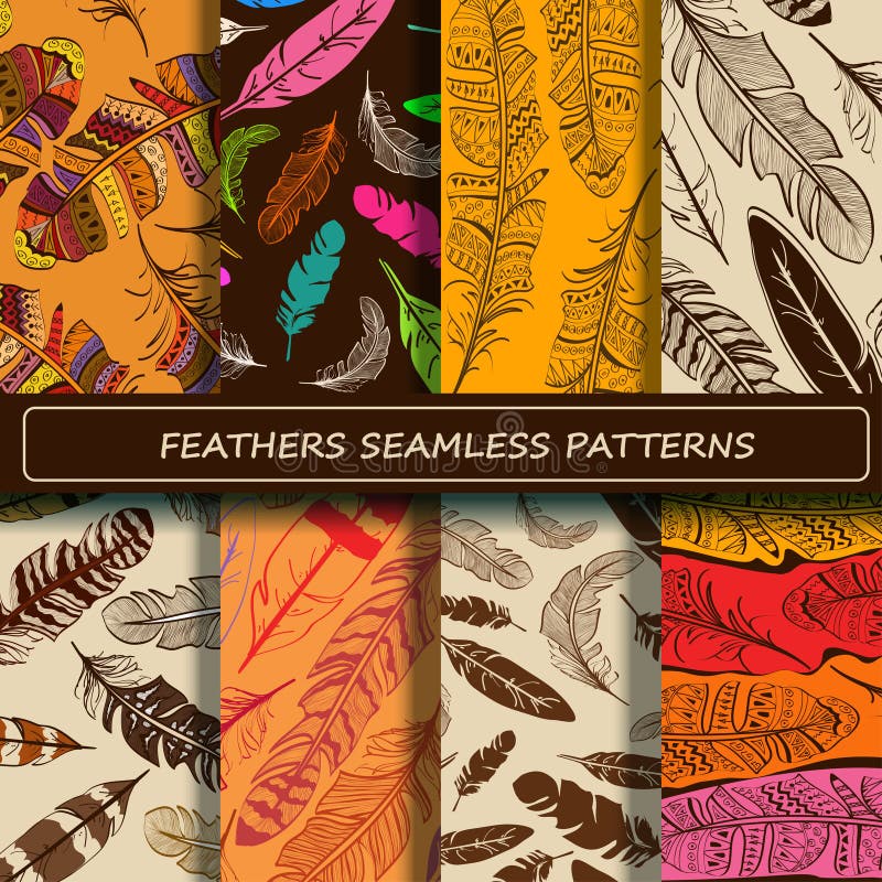 Set of yellow brown abstract ethnic bird feather seamless patter