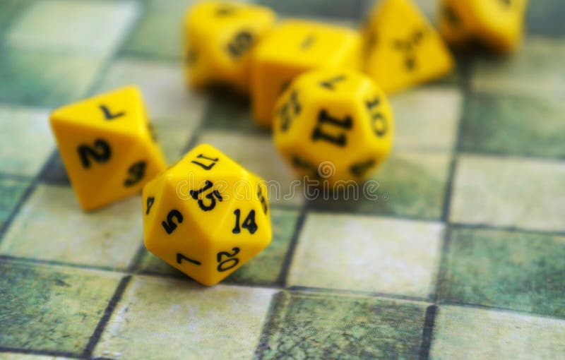 Roleplay game with dragons in dungeon. Yellow field dice Stock Photo by  ©paulzhuk 178871342