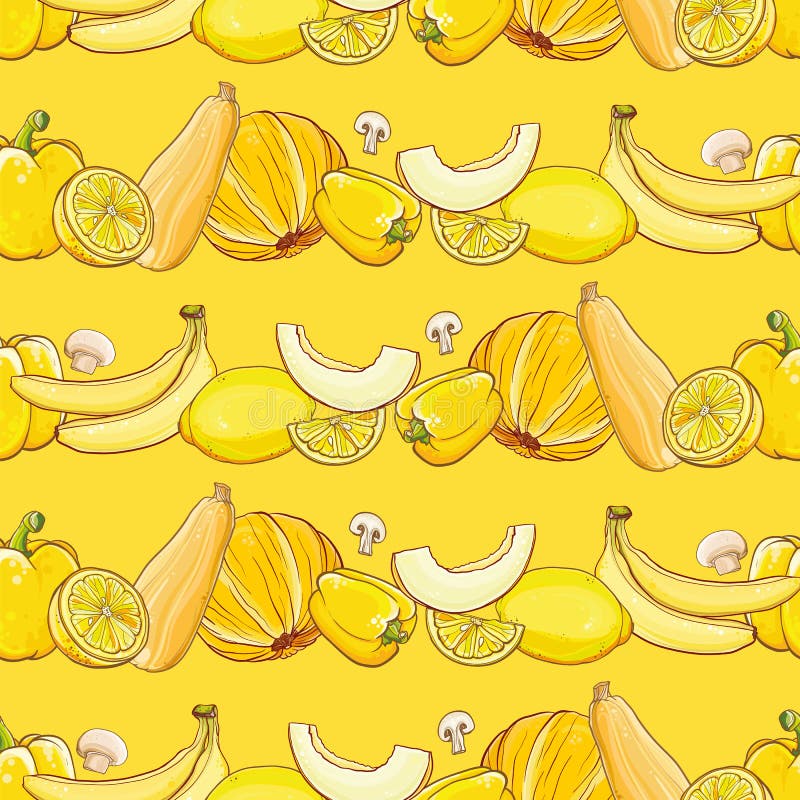 Set of yellow fruits and vegetables on light yellow pattern