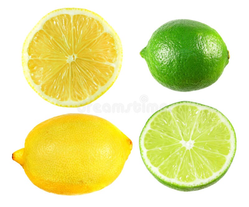 Set of Yellow Lemon and Green Lime Isolated on White Stock Image