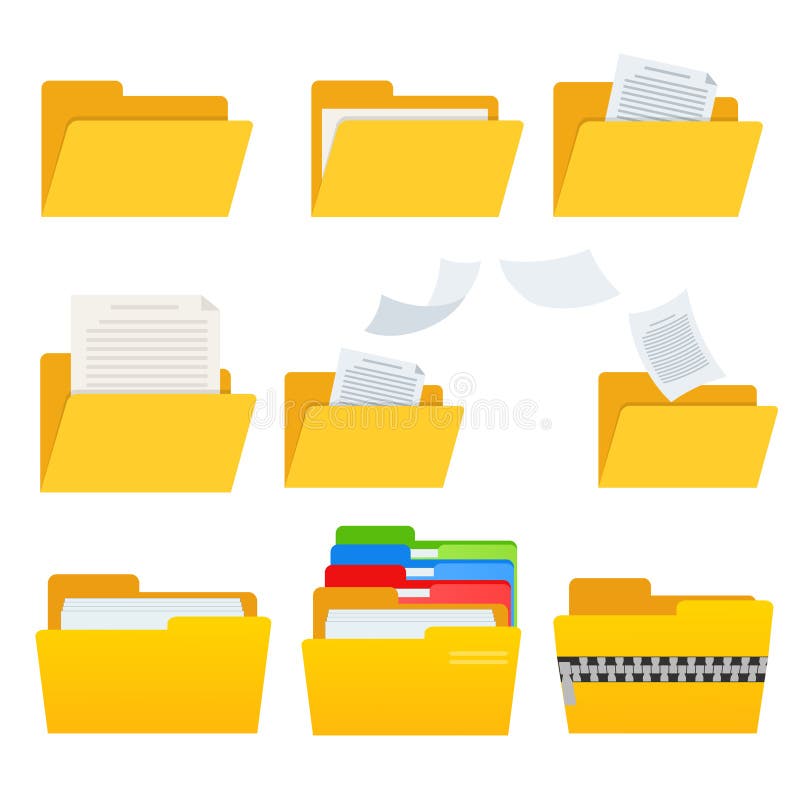 Set of yellow web computer folder icon with documets for design on white, stock vector illustration vector illustration Set of yellow web computer folder icon with documets for design on white, stock vector illustration vector illustration