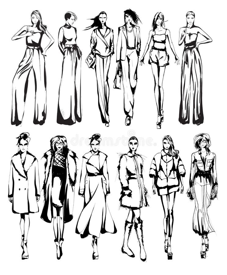 Set of Young Beautiful Women in Stylish Clothes. Fashion Sketch Stock ...
