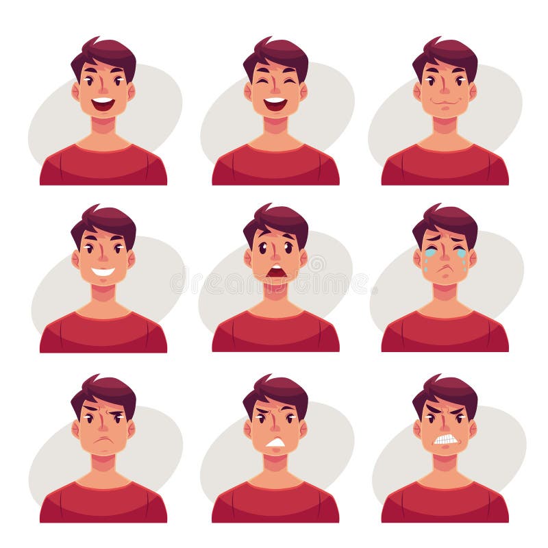 Set of young man face expression avatars vector illustration