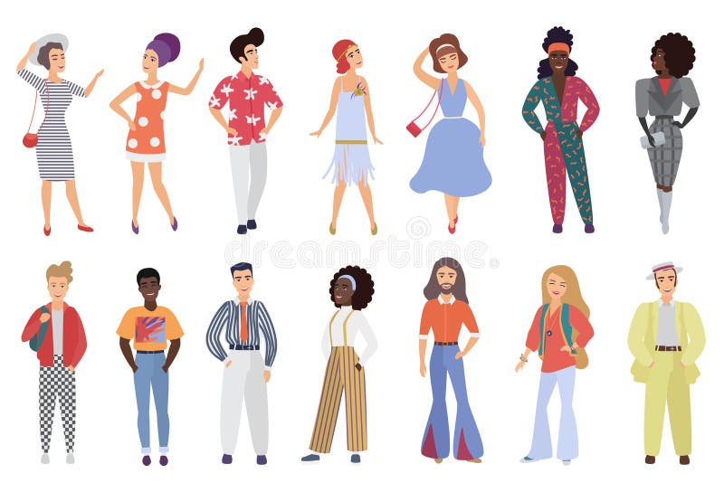 Set Of Young Men And Women Wearing Retro Disco Party Clothes In 60S, 70S  80S Style Isolated On White Background Vector Stock Vector - Illustration  Of Dress, 1980S: 154148611