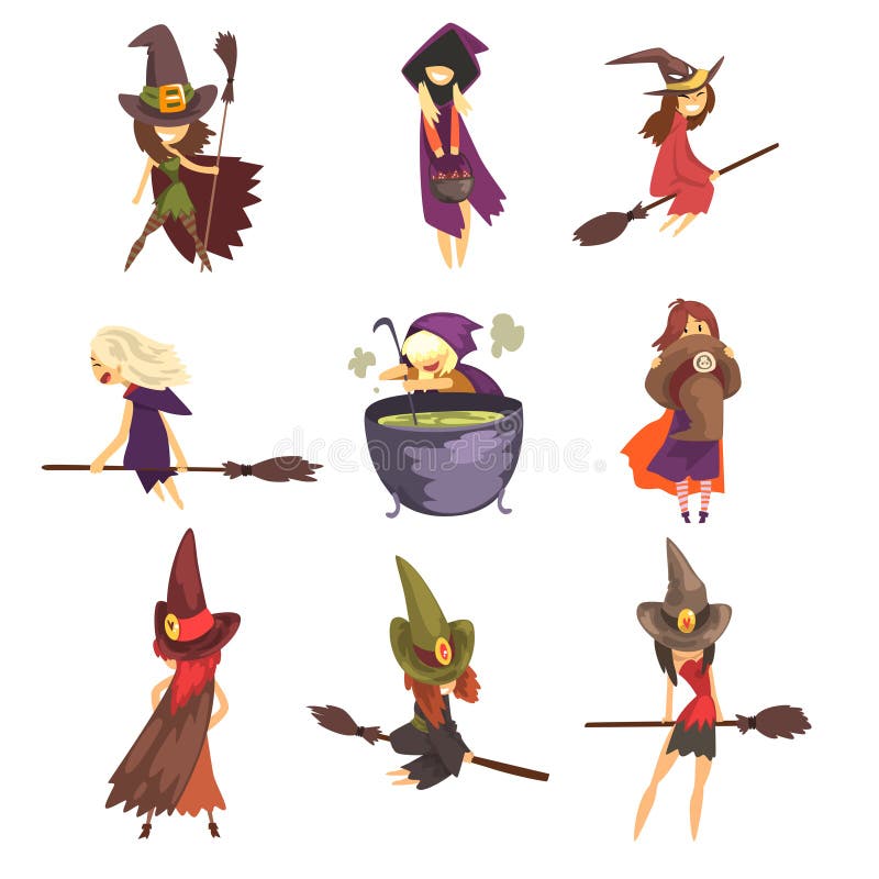 Flat Vector Set of Young Witches in Different Actions. Flying on Brooms, Cooking Potion and Posing. Girls in Cone Hats Stock Vector - Illustration of cartoon, comic: 121469271 Flat Vector Set of Young Witches in Different Actions. Flying on Brooms, Cooking Potion and Posing. Girls in Cone Hats Stock Vector - Illustration of cartoon, comic: 121469271