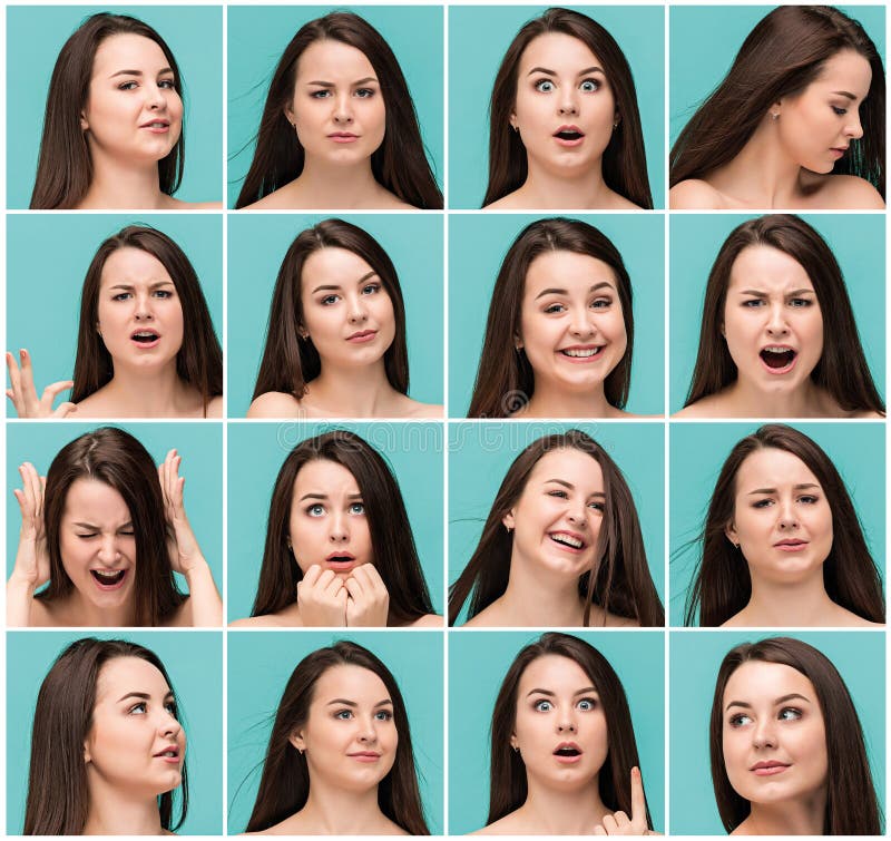 Set of Young Woman`s Portraits with Different Happy Emotions Stock ...