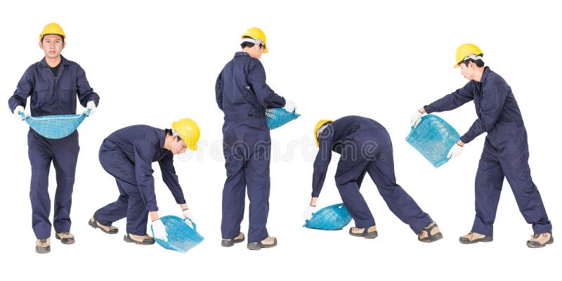 Set of Young worker hold Hod or clam-shell shaped basket