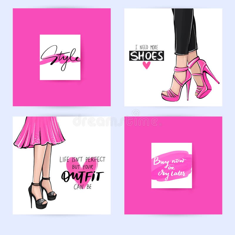 Set z mod kartami z inspiracji wycen? o dziewczynach, buty, moda, szpilki, robi zakupy royalty ilustracja Set z mod kartami z inspiracji wycen? o dziewczynach, buty, moda, szpilki, robi zakupy royalty ilustracja