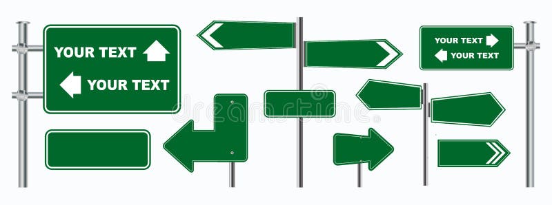 Set zieleni drogowi znaki odizolowywający, dla broszurki, ulotki, pokrywy książki i innego drukowego projekta, ilustracja wektor Set zieleni drogowi znaki odizolowywający, dla broszurki, ulotki, pokrywy książki i innego drukowego projekta, ilustracja wektor