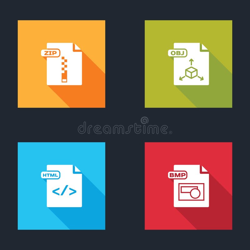 Set ZIP file document, OBJ, HTML and BMP icon. Vector royalty free illustration