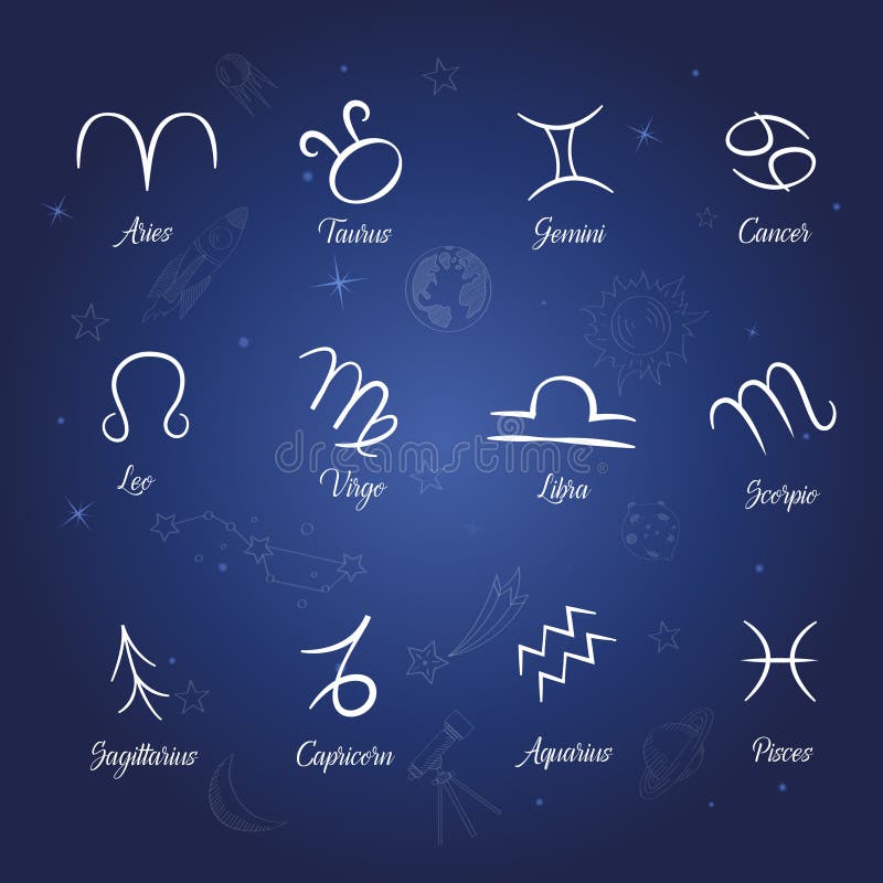 Set of Zodiac Signs on Starry Night Background Stock Vector