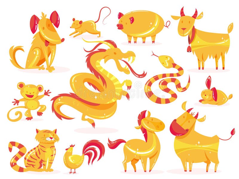 Set złoty zwierzę Zodiaka symbol chińczyka kalendarz ilustracja wektor Set złoty zwierzę Zodiaka symbol chińczyka kalendarz ilustracja wektor
