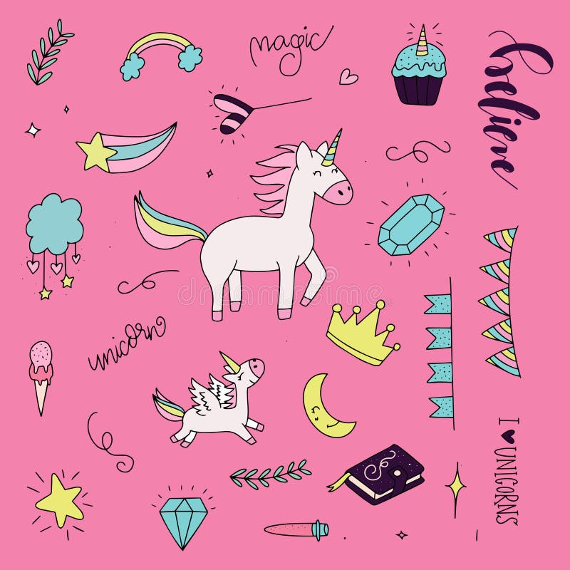 Set Śliczna ręka rysować jednorożec ilustracje Ręki kreślący jednorożec doodles ustawiający ilustracja wektor