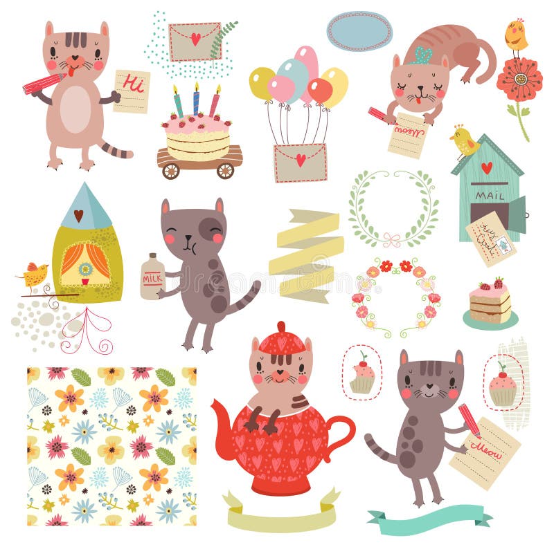 Set śliczne ilustracje i charaktery Koty, ptaki, kwiecisty wzór, list ilustracja wektor Set śliczne ilustracje i charaktery Koty, ptaki, kwiecisty wzór, list ilustracja wektor