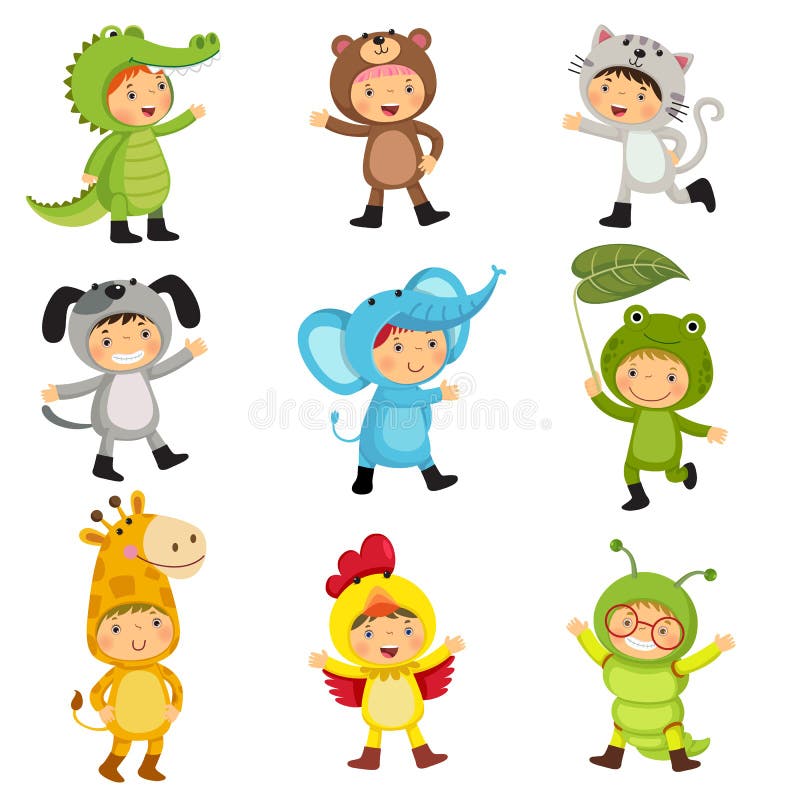 Set of cute kids wearing animal costumes. Set of cute kids wearing animal costumes.